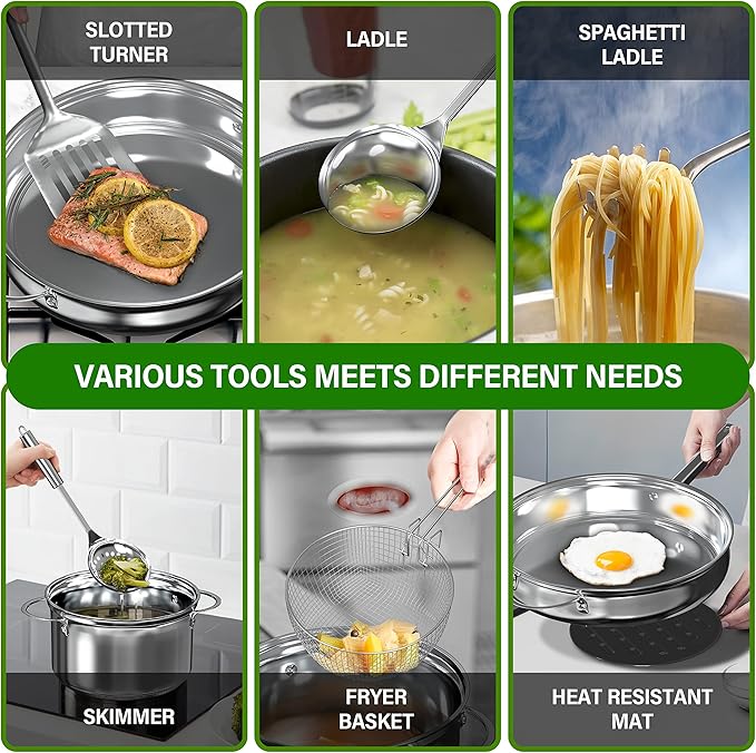 YSSOA 18-Piece Stainless Steel Kitchen Cookware Set Including Saucepan Casseroles with Tempered Glass Lid Frypan Steamer Salad Bowl  Fryer Basket Heat Resistant Mat &amp Utensils Set Silver