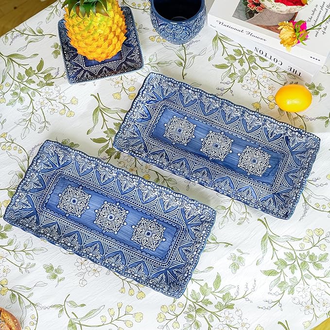 Sungmor Embossed Stoneware Fine Dining Dinnerware Antique Baroque Style 14 Long Rectangular Porcelain Serving Platter Set of 2 Sophisticated Ceramic Dish for Party Cookies Fruit Cheeses &amp Des