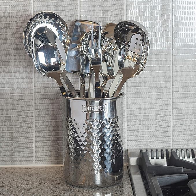 Viking Kitchen Utensil Holder Hammered Stainless Steel Kitchen Utensils Organizer Crock Counter Top Storage Cooking Accessories Silver