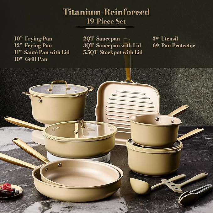 CAROTE 19Pcs Pots and Pans Set Non Stick Induction Cookware Sets with Durable Cast Steel Handle Oven-Safe Pots and Pans with Cooking Utensils PFOS/PFOA Free Dishwasher Safe Aluminum