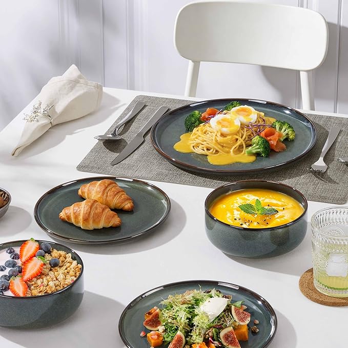 Herogo 12 Pieces Square Stoneware Dinnerware Set Service for 4 Dinner Plates and Bowls Sets Double Reactive Glaze Dishes Set for Kitchen Scratch Resistant Dishwasher Safe Moss Green