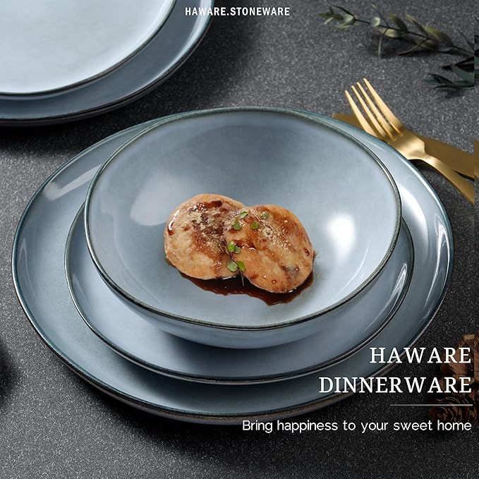 HaWare Plates and Bowls Set Stoneware Dinnerware Sets 24-Piece Hand-painted Dishware for 6 Ceramic Dinner Set for Home Kitchen Scratch Resistant Microwave and Dishwasher Safe Reactive Foggy Blue