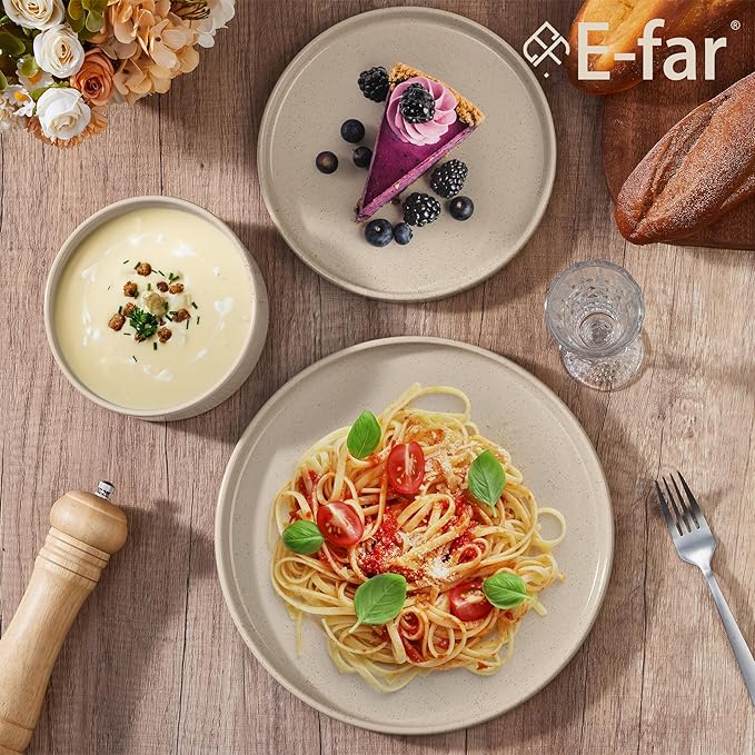 E-far Stoneware Dinnerware Sets 12-Piece Plates and Bowls Dish Set for 4 Kitchen Modern Dinning Ware Chip and Scratch Resistant Microwave &amp Dishwasher Safe Speckled Khaki