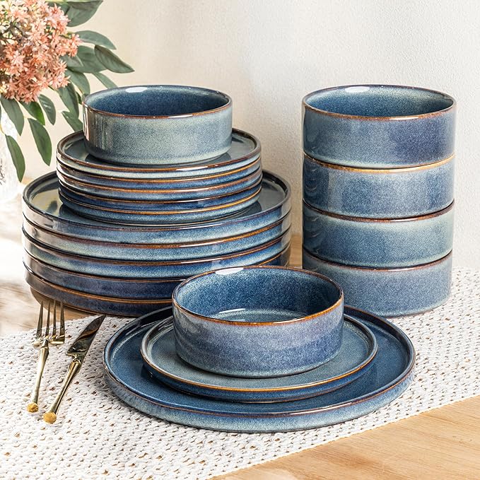 AmorArc Ceramic Dinnerware Sets Handmade Reactive Glaze Stoneware Plates and Bowls SetsHighly Chip and Crack Resistant | Dishwasher &amp Microwave Safe Dishes Set Service for 6 (18pc)