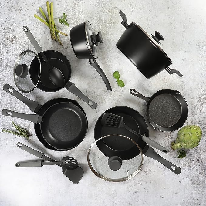 Gibson Soho Lounge Nonstick Forged Aluminum Induction Pots and Pans Cookware Set W/Cast Iron Skillet 15-Piece Set Black
