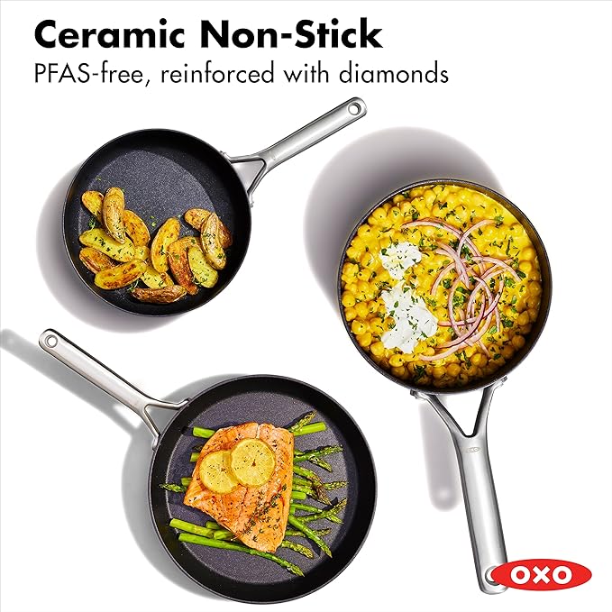 OXO Professional 5 Piece Cookware Pots and Pans Set Hard Anodized Ceramic Nonstick PFAS-Free Stainless Steel Handles Induction Suitable Diamond Reinforced Coating Dishwasher and Oven Safe Black