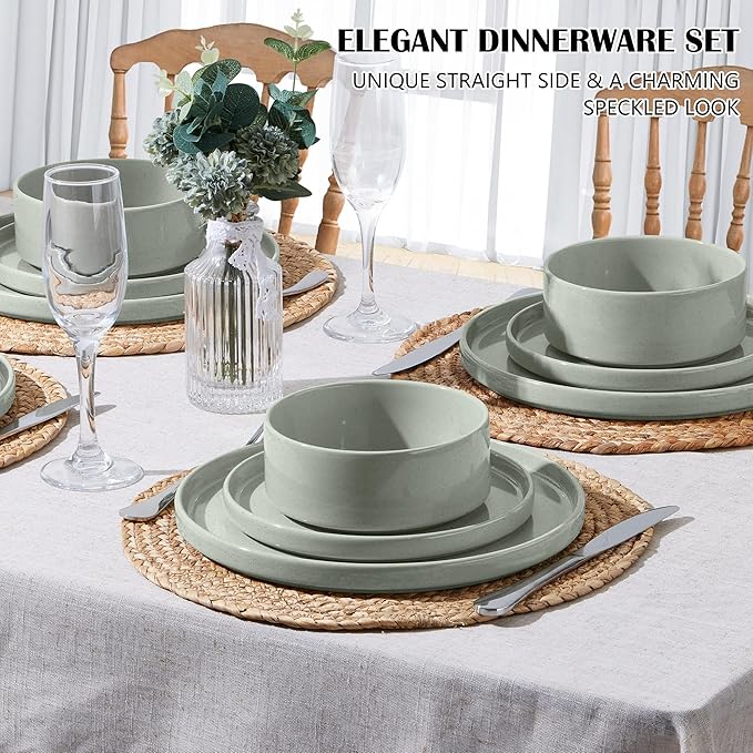 E-far Stoneware Dinnerware Sets 12-Piece Plates and Bowls Dish Set for 4 Kitchen Modern Dinning Ware Chip and Scratch Resistant Microwave &amp Dishwasher Safe Speckled Green
