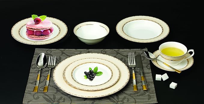 Lorenzo 57 Piece Elegant Bone China Service for 8 Margaret Dinnerware Sets Gold