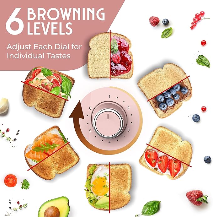 Mueller Retro Toaster 4 Slice with Extra Wide Slots Bagel Defrost and Cancel Function 6 Browning Levels Dual Independent Controls Removable Crumb Tray and High Lift Levers Pink