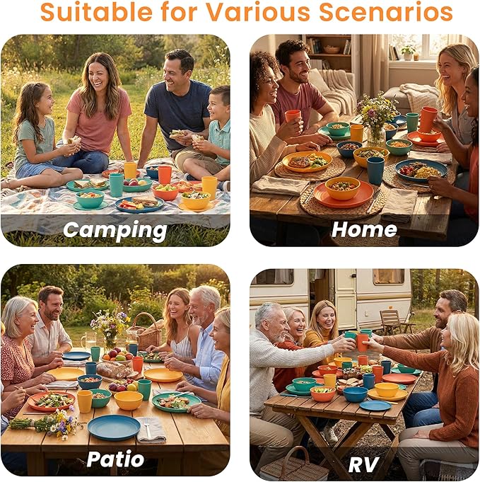 Wheat Straw Dinnerware Sets for 8 Unbreakable Plates and Bowls Sets for 8 32-Piece Dishes Set Microwave Safe Plastic Plates Reusable Cups and Bowls Sets for Kitchen Outdoor - Multi