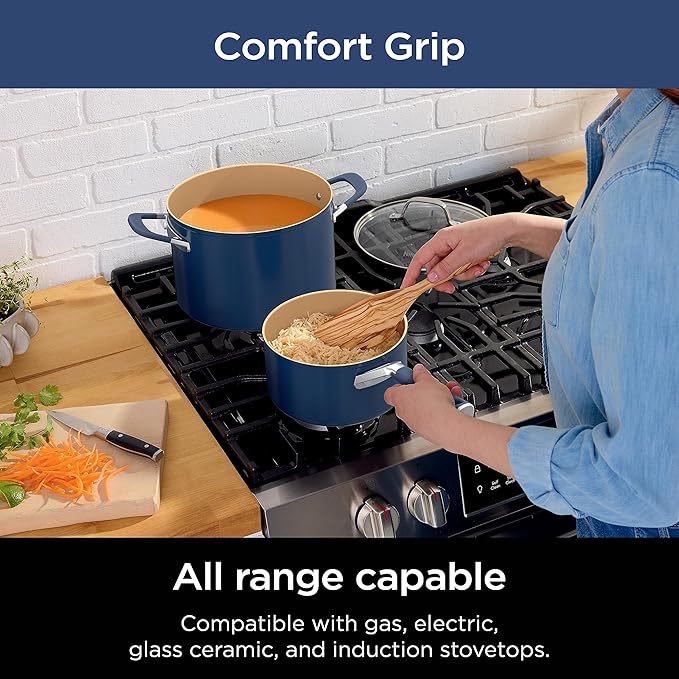 Ninja Ceramic Cookware Set Extended Life 11-Piece Kitchen Cookware Sets with Comfort Grip Nonstick Fry Pans Pots PTFE Free Oven &amp Dishwasher Safe Stovetop Compatible Navy Blue CW49011