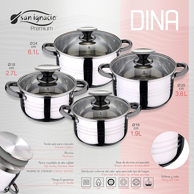 SAN IGNACIO Dina 8-Piece Kitchen Battery Stainless Steel with pan Set (20/24/28 cm) SAN IGNACIO Energy in Forged Aluminum