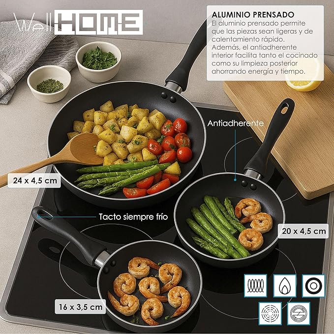 Well Home Set of 3 Pans Diameter 16 x 20 x 24 cm Made of Pressed Aluminium in Metallic Grey