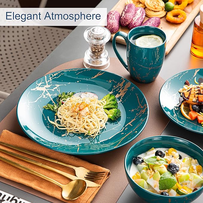 LOVECASA Porcelain Dinnerware Sets for 4 16 PCS Plates and Bowls Set Color Glaze with Gold Plate Dish Set Dinner Sets with Dinner Plates Dessert Plate Bowls and Mugs Dark Green