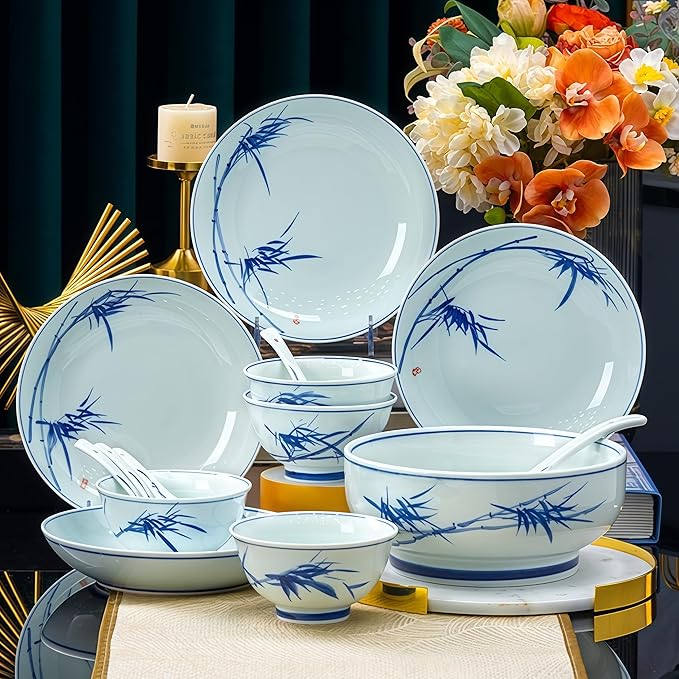 Fine Bone China Dinnerware Set Porcelain &ampCeramic Dinnerware SetsBone Stoneware &amp Ceramic Cookware Tableware Set Includes Dinner Plates|Spoons|Pasta Bowls|Soup Pot|Chopsticks (22 PCS)