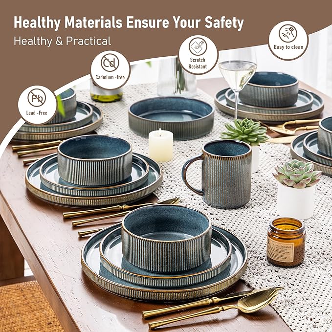 GBHOME 24-Piece Stoneware Dinnerware Set for 8 – Ribbed Ceramic Plates and Bowls Scratch-Resistant Microwave &amp Dishwasher Safe Reactive Glaze Deep Ocean