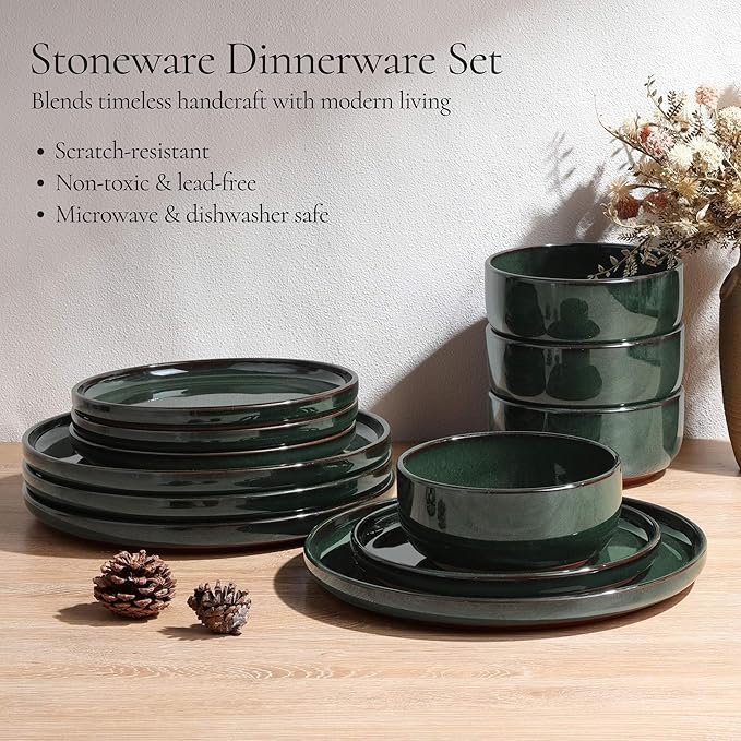 E-far Stoneware Dinnerware Sets for 4 12 Pieces Reactive Glaze Plates and Bowls Sets Elegant Dishes with Rustic Terracotta Base Dishwasher &amp Microwave Safe Scratch Resistant Blackish Green