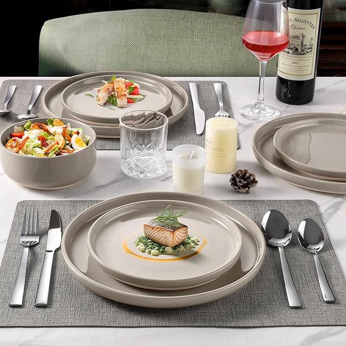 LIANYU 24Pieces Dinnerware Sets with Double Bowls Plates and Pasta Bowls Set for 6 Ceramic Dinner Dishware for Kitchen Dining Microwave &amp Dishwasher Safe Milky Brown