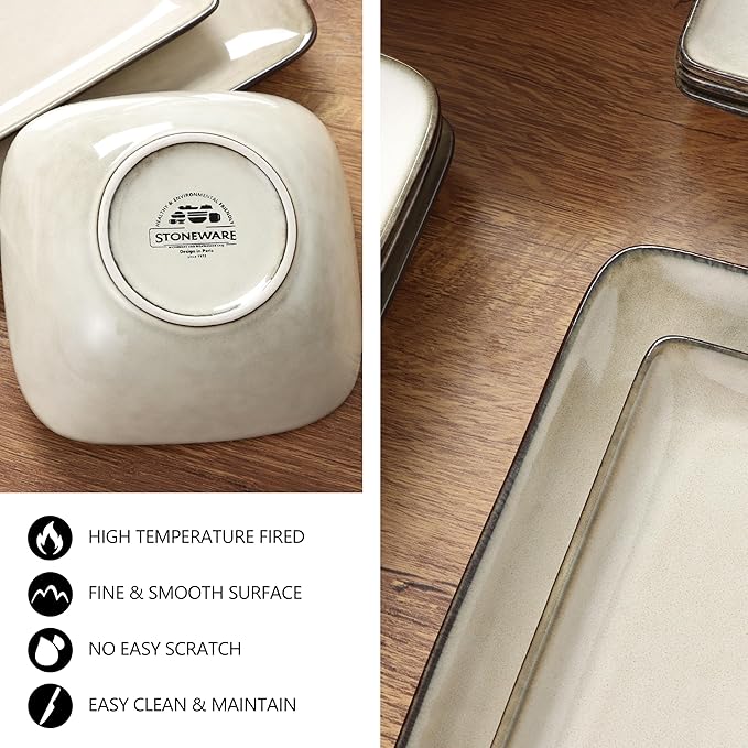 E-far Square plates and bowls Sets for 6 18-Piece Reactive Glaze Stoneware Dinnerware Sets Porcelain Dishware Sets for Kitchen Home Microwave &amp Dishwasher Safe Sandy Beige