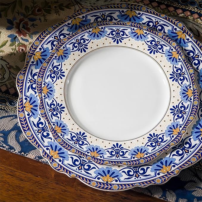 ACMLIFE 12-Piece Bone China Dinnerware Set Blue and White Vintage Floral Dinnerware Set Service for 4 Lightweight Plates and Bowls Set with Gift Box (Blue-B)