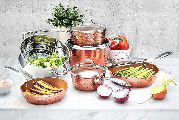 Gotham Steel Hammered Collection Pots and Pans 10 Piece Premium Ceramic Cookware Set – with Triple Coated Ultra Nonstick Surface for Even Heating Oven Stovetop &amp Dishwasher Safe