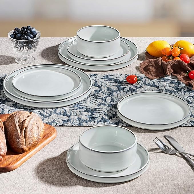 Herogo Plates and Bowls Dinner Dishes Sets for 6 18 Pieces Ceramic Stoneware Dinnerware Set Rustic Terracotta Bottom Dishwasher &amp Microwave Safe Icy White