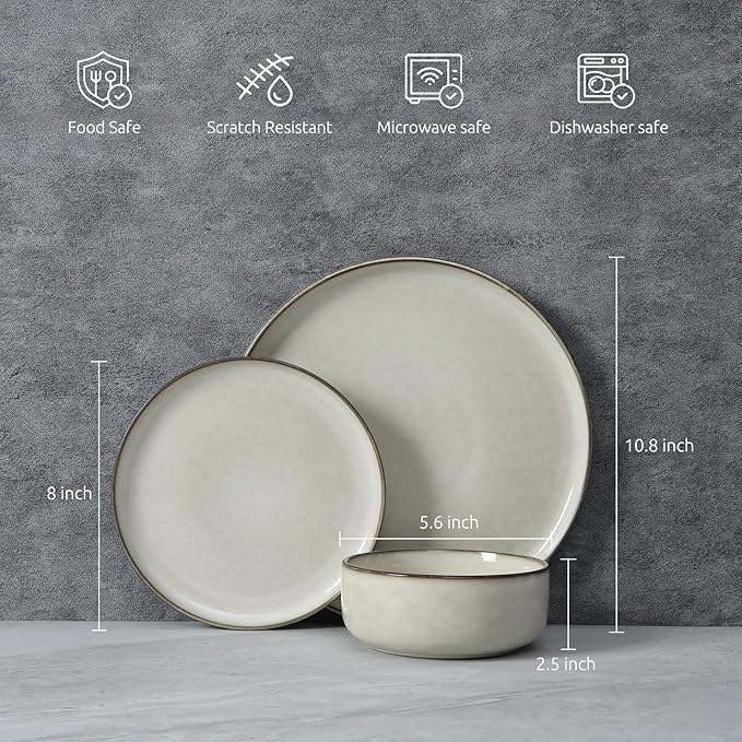 E-far Dinnerware Sets for 4 16-Piece Stoneware Plates and Bowls Set Reactive Glaze Dishes Dinning Ware Set Chip &amp Scratch Resistant Microwave &amp Dishwasher Safe - Sandy Beige