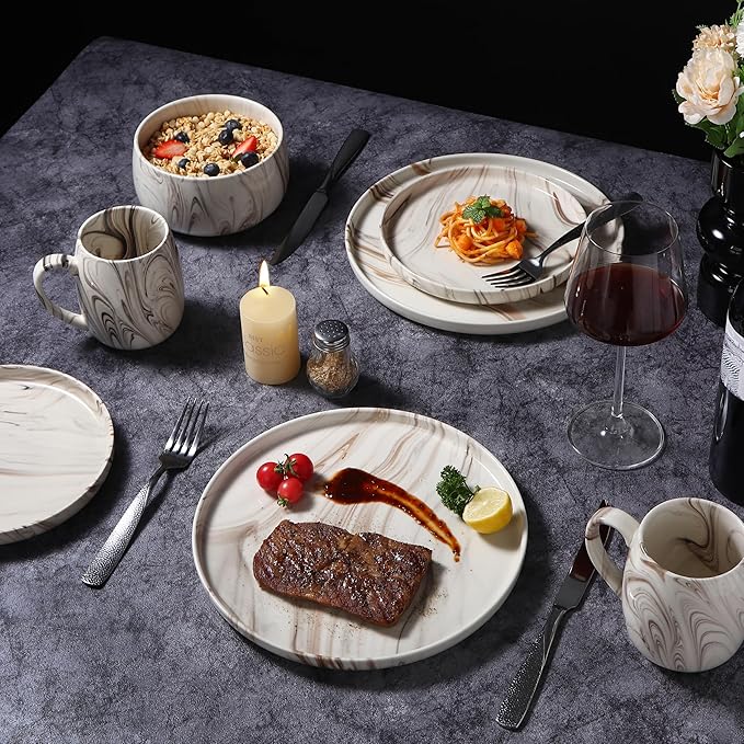 Marble Pattern Dinnerware Set 16 Piece Ceramic Dishes and Mugs Modern Swirl Design Beige and Brown