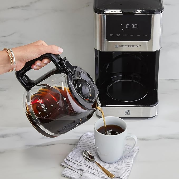 West Bend Drip Coffee Maker Brews Hot or Iced Programmable with Brew Strength Selector Auto Shut-Off and 6 Functions Permanent Mesh Filter and Glass Carafe 12-Cup Metallic