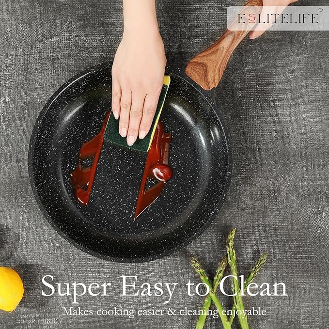 ESLITE LIFE Nonstick Cookware Sets 12 Pcs Granite Coating Pots and Pans Set Kitchen Cooking Set Compatible with All Stovetops (Gas Electric &amp Induction) PFOA Free Black