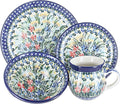 Blue Rose Polish Pottery - Blue Day Lily Bouquet 4 PC Place Setting - Service for 1-1 Place Setting - Great for Everyday Dining Casual Dining or as Formal Dinnerware