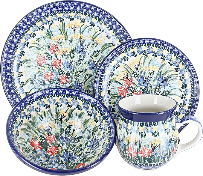 Blue Rose Polish Pottery - Blue Day Lily Bouquet 4 PC Place Setting - Service for 1-1 Place Setting - Great for Everyday Dining Casual Dining or as Formal Dinnerware