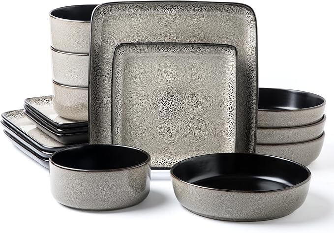 FLACKAR Square Stoneware 16pc Double Bowl Dinnerware Set for 4 Dinner Plates Side Plates Cereal Bowls Pasta Bowls - Reactive Glaze Grey (476076)