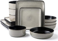 FLACKAR Square Stoneware 16pc Double Bowl Dinnerware Set for 4 Dinner Plates Side Plates Cereal Bowls Pasta Bowls - Reactive Glaze Grey (476076)