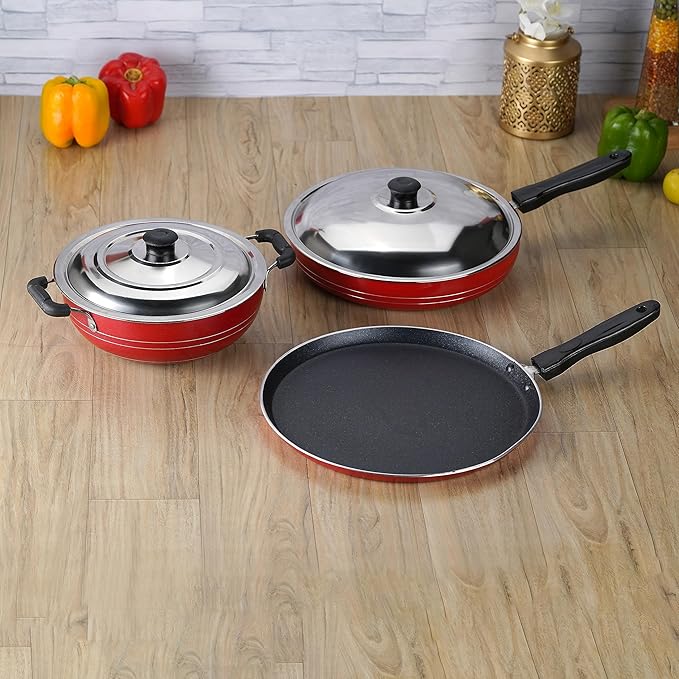 Sumeet 2.6mm Thick Non-Stick SORX Cookware Set (Dosa Tawa 26.5cm Dia + Kadhai with Lid 1.5Ltr Capacity- 20cm Dia + Fry pan 1.5Ltr Capacity 21cm Dia)