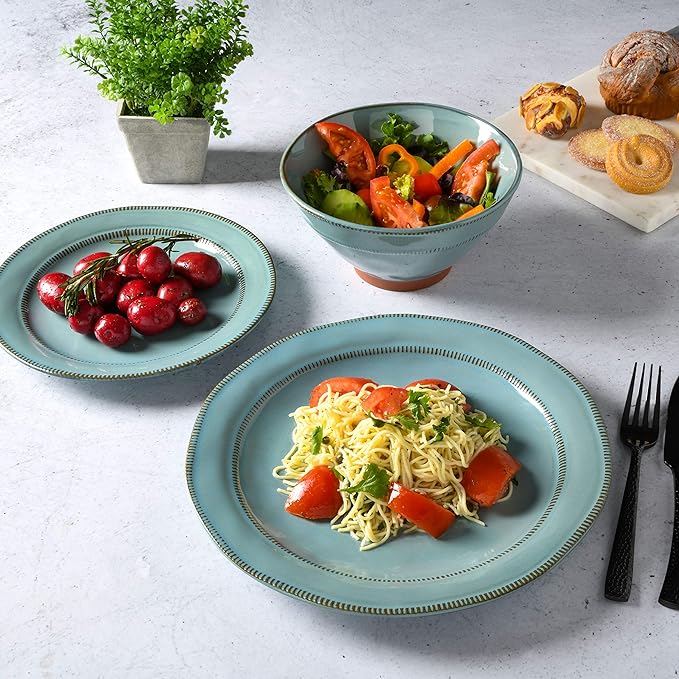 Gibson Elite Terranea Round Reactive Glaze Terra Cotta Dinnerware Set Service for Four (12pcs) Teal