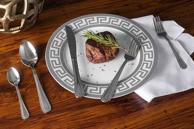 Dinnerware Set for 4 - Silver on White Fine Porcelain 20 piece Tableware Setting for Every Day and Formal Occasions with Cups and Saucers