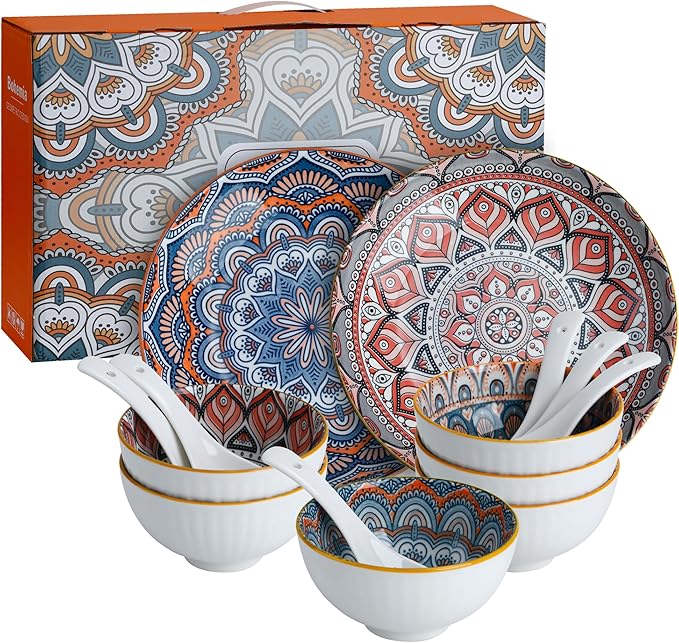 Bohemian Porcelain Dinnerware Set 14-Piece Plates &amp Bowls for 2 Microwave &amp Dishwasher Safe Unique Pattern Gift Set