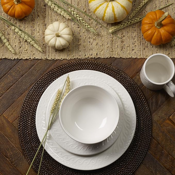 Pfaltzgraff Sylvia 32-Piece White Dinnerware Set Service for 8 Durable Stoneware Plates Bowls and Mugs Microwave and Dishwasher Safe