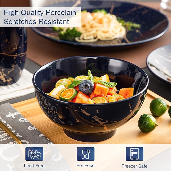 LOVECASA Porcelain Dinnerware Sets for 4 16 PCS Plates and Bowls Set Color Glaze with Gold Plate Dish Set Dinner Sets with Dinner Plates Dessert Plate Bowls and Mugs Dark Blue