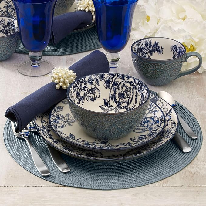 Pfaltzgraff Gabriela Blue 16-Piece Dinnerware Set Service for 4 Durable Stoneware Plates Bowls and Mugs with Elegant Blue Pattern Dishwasher Safe