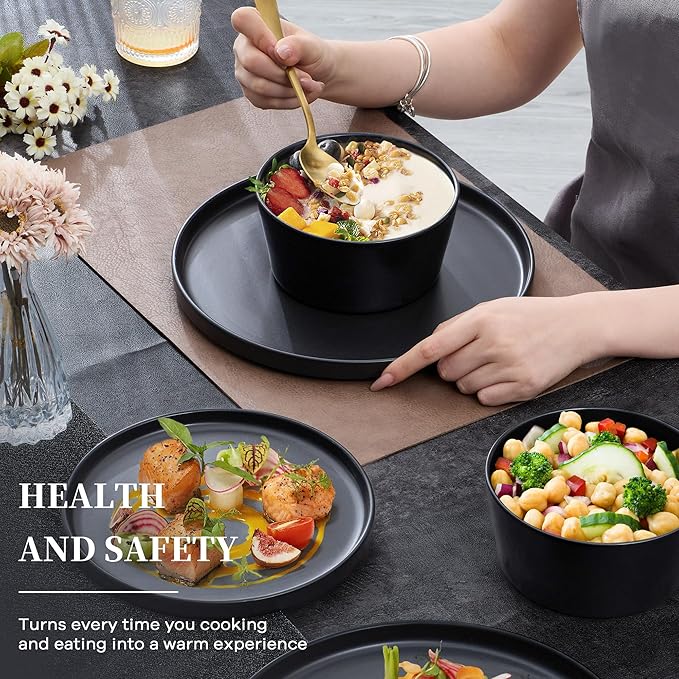 Vesteel Dinnerware Sets for 4 12Pcs Stoneware Plates and Bowls Sets Elegant Tableware set for Home Restaurant Chip &amp Scratch Resistant Dishes Set Black