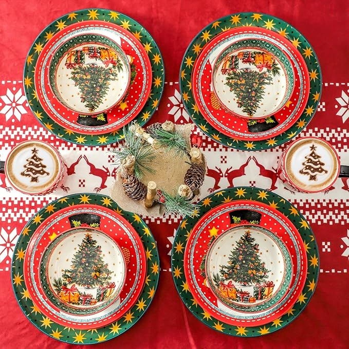 Hasense 16 Pcs Dinnerware Sets Ceramic Holiday Coffee mugs Plates and Bowls Set for 4 Chip &amp Scratch Resistant Party Serving Dishes Microwave and Dishwasher SafeColorful