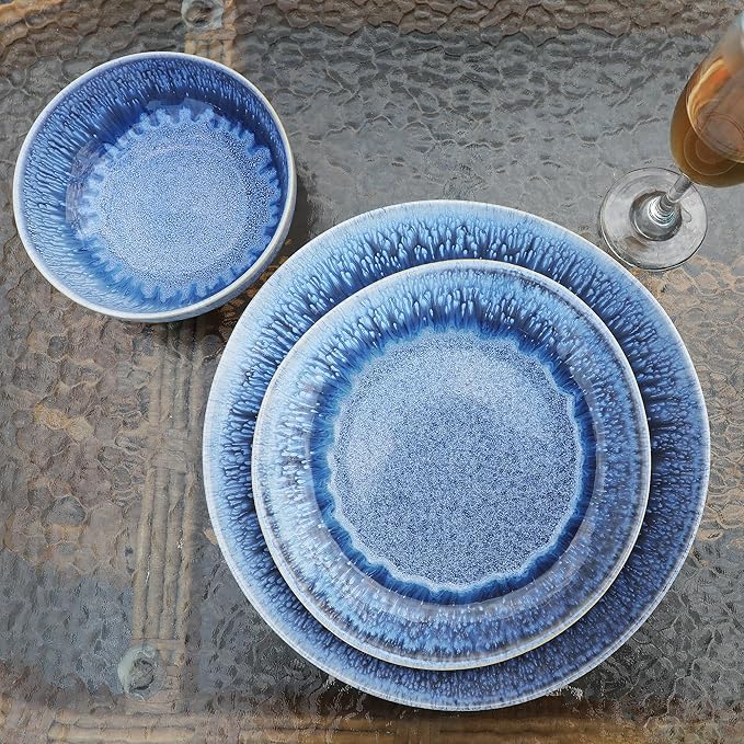 12 Pieces Stoneware Dinnerware Set Modern Reactive glaze Dish Set for 4 Premium Serving Plates and Bowls SetsSeries MOON(SKY BLUE)
