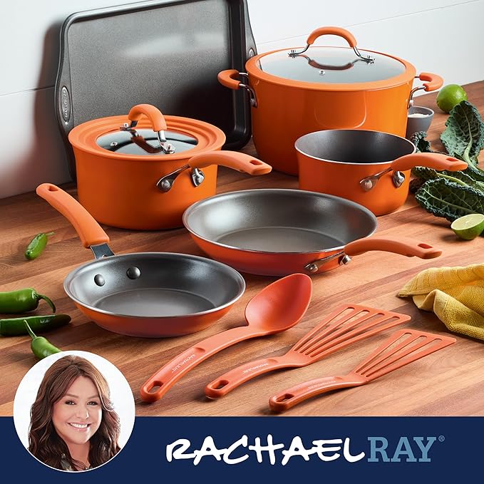 Rachael Ray Cook + Create Nonstick Pots and Pans Set with Universal Space-Saving Lids Baking Pan/Cookie Sheet and Kitchen Cooking Tools Cookware Set 11 Piece - Orange