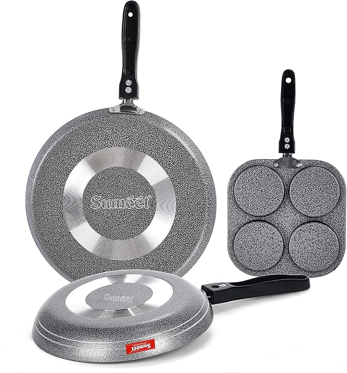 Sumeet NonStick Grys Cookware Set (Dosa Tawa - 26.5Cm Dia + Mini Multi Snack Maker - 4 Cavity -19.5cm + Tapper pan - 0.6Ltr - 20Cm Dia)
