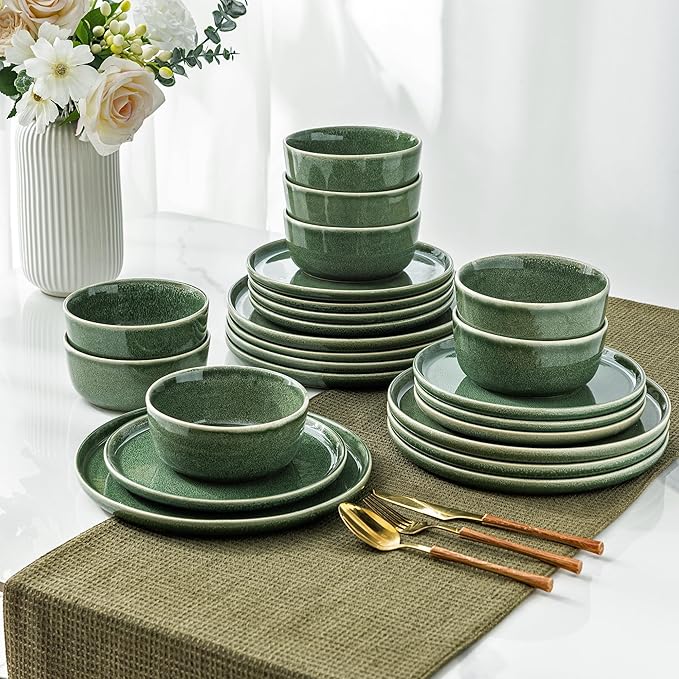 AmorArc Stoneware Dinnerware SetsRound Reactive Glaze Ceramic Plates and Bowls SetsHighly Scrath Resistant | Dishwasher &amp Microwave SafeService for 8 Dishes Set (24pc)