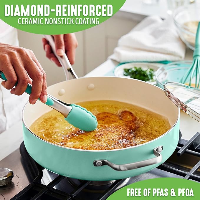 GreenLife Artisan Healthy Ceramic Nonstick 5QT Saute Pan Jumbo Cooker with Helper Handle and Lid Stainless Steel Handle Induction PFAS-Free Dishwasher Safe Oven Safe Turquoise