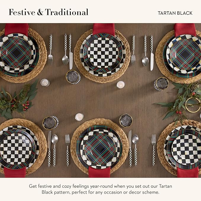 MACKENZIE-CHILDS Enamel Salad and Dessert Plate Small Plate for a Dessert or Appetizer Dish 8 Inches Black Tartan