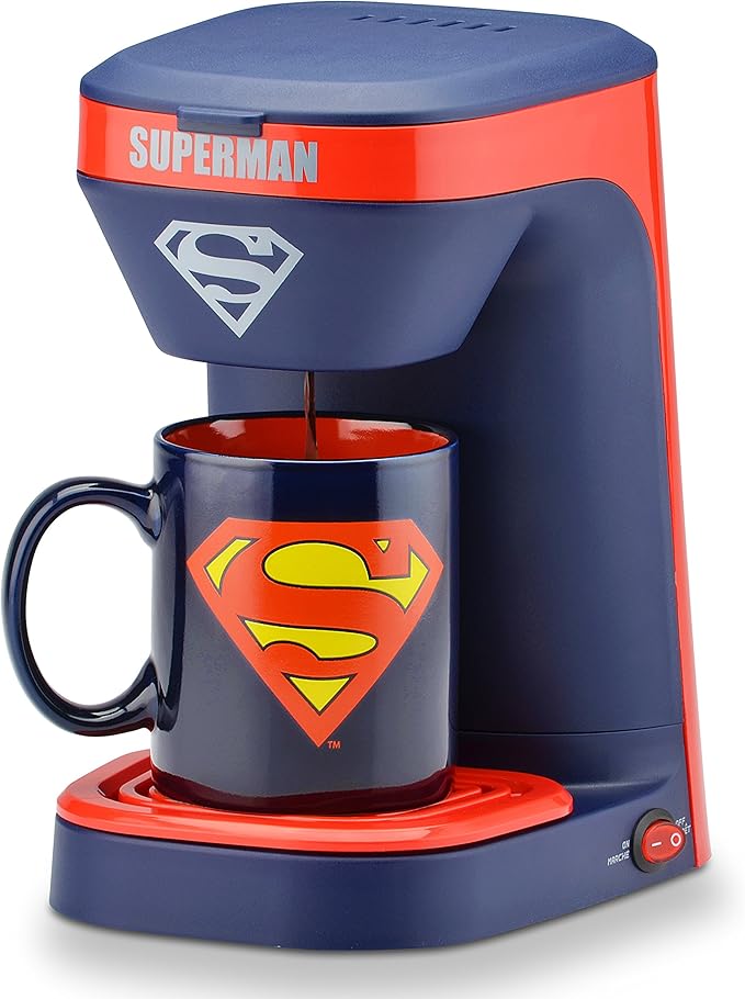 DC Comics Superman 1-Cup Coffee Maker with 12 Oz Superman Mug by Select Brands - Superhero Kitchen Accessories - Drip Coffee Maker &amp Cup - Gifts for Superman Fans